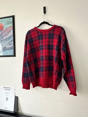 VINTAGE JOHN ASHFORD RED NAVY PLAID CREWNECK SWEATER MENS L GRANDPA PREPPY 90S